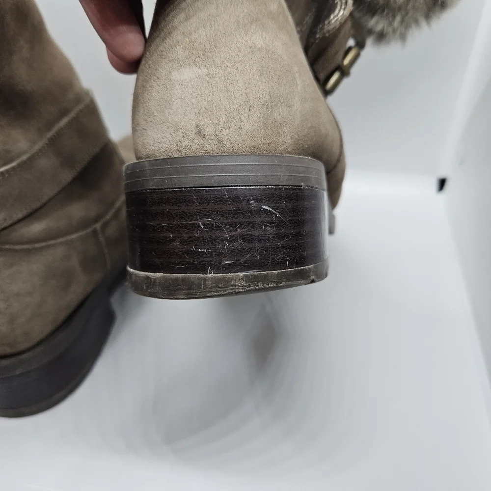 Cougar tan taupe suede faux fur lined foldover Franca boots side buckle detail 9